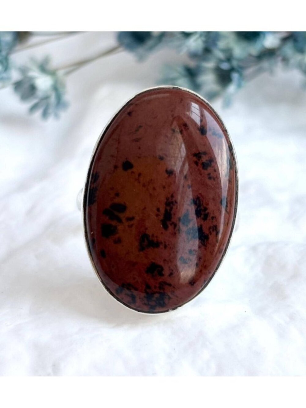 Mahogany Obsidian Brown Oval Sterling Silver 925 Vintage Ring - sz 8.75